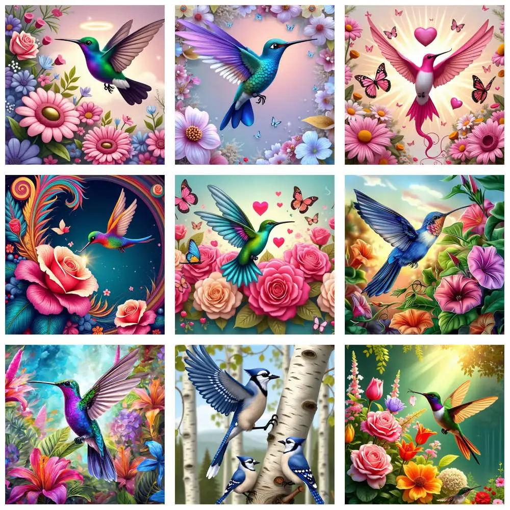 5D DIY Diamond Painting Hummingbird Bloom Artful Flowers Full Round Diamond Rhinestone Embroidery Kits Picture Home Decoration