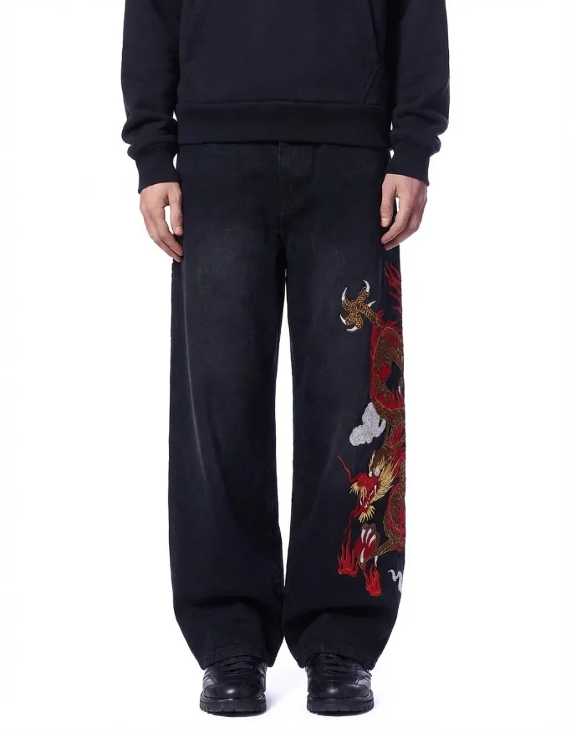 

Y2K baggy Jeans High Waist Men Women Vintage Casual Daily Streetwear Dragon Graffiti Embroidery Dark Blue Loose Wide Leg Jeans