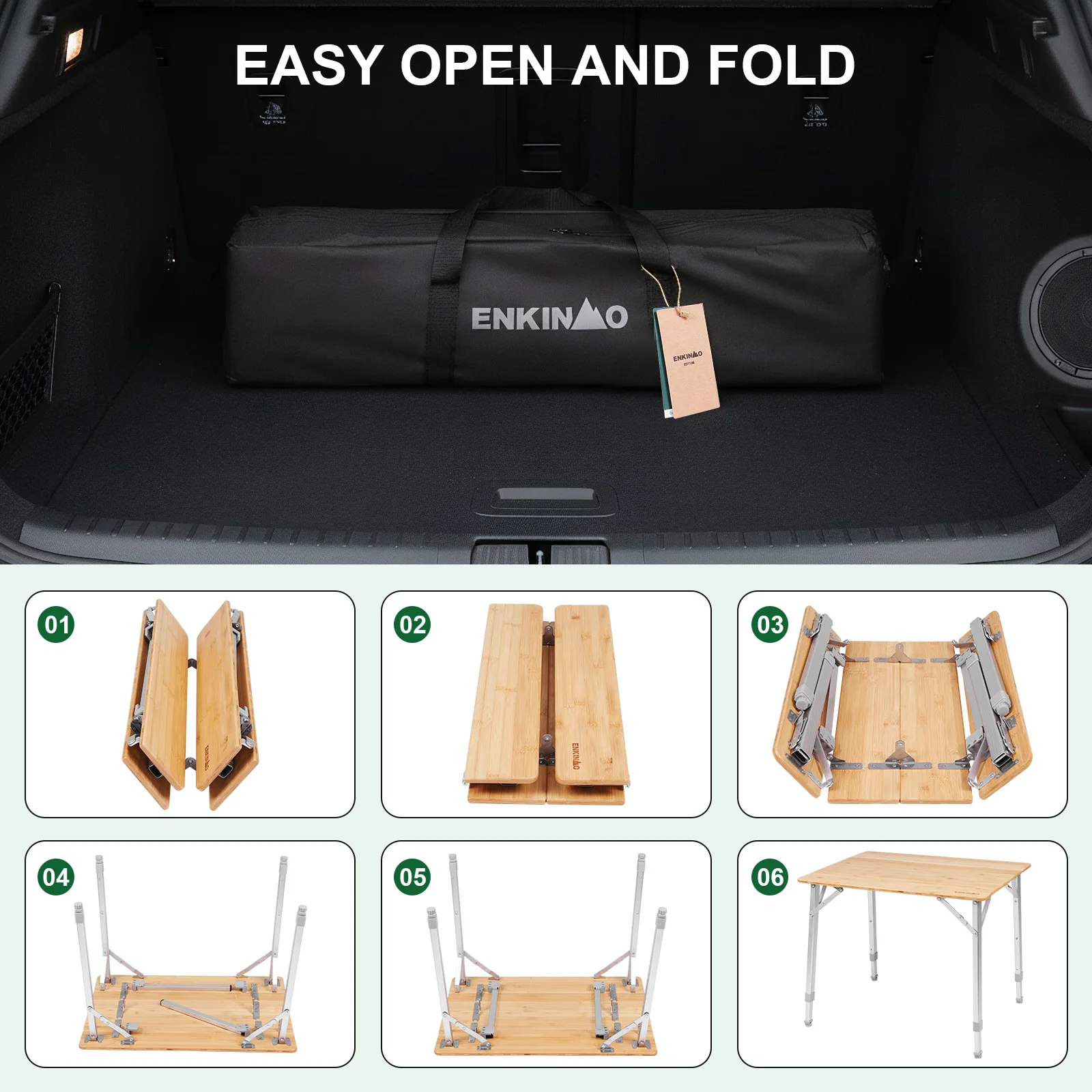 

Adjustable Height Folding Bamboo Camping Table with Carry Bag Folding Square Table Loads 80KG for Cooking Picnic Beach Backyards