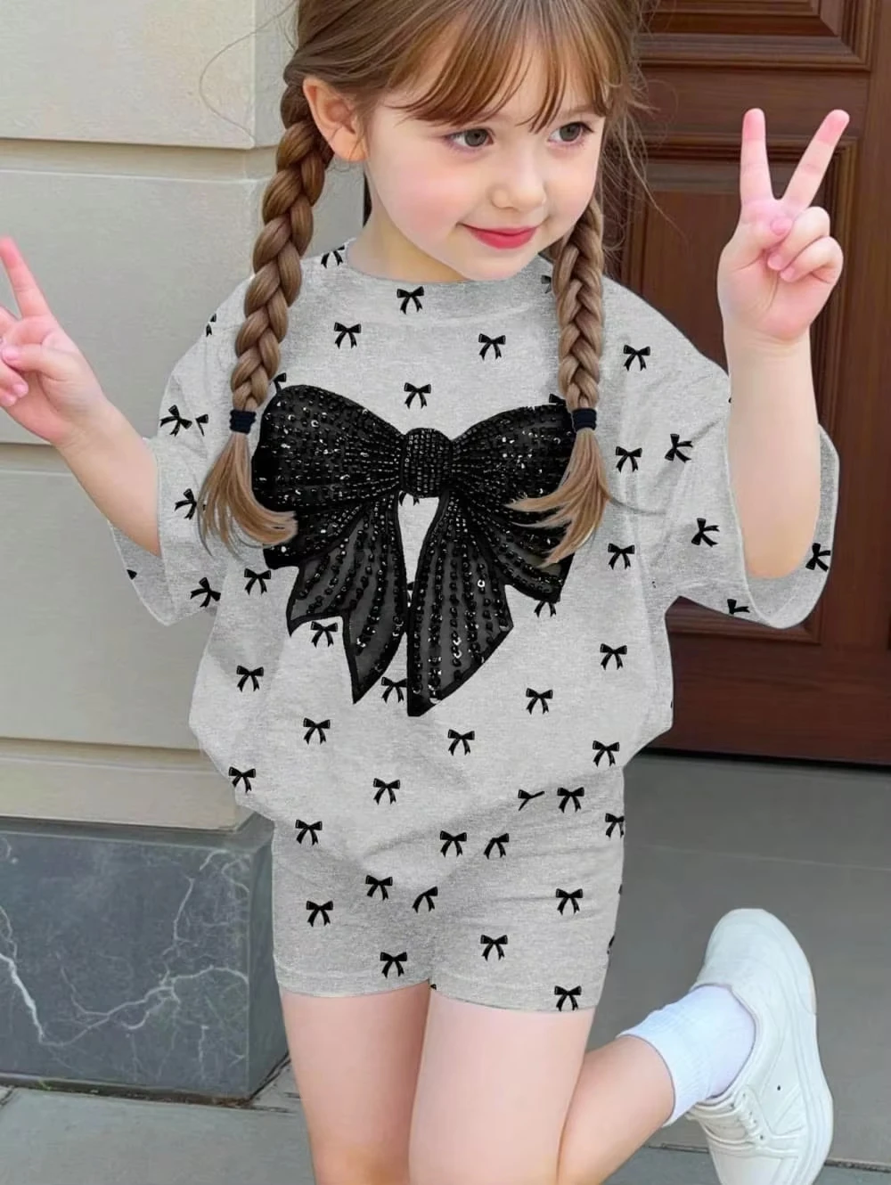 Girls Clothes Cartoon Cute Bows Flowers 3D Print Girls Short Sleeve T-Shirt Pants Set Casual Fashion Children's Clothing Tops