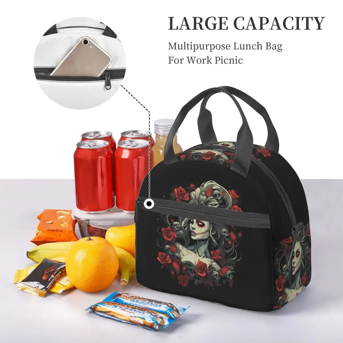 Alexander Gothic Las Elegantes Girls Day Of Dead Skull Insulated Lunch Bag for Women Kids Food Boxes Thermal Lunch Box Tote