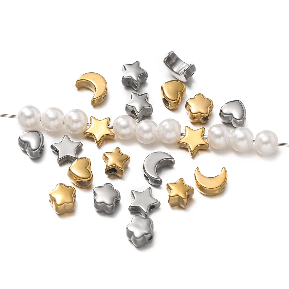 5 Stück hochwertige Edelstahl Herz Stern Perle Gold Farbe Spacer Perlen für Armband Halskette Kette DIY Schmuck finden