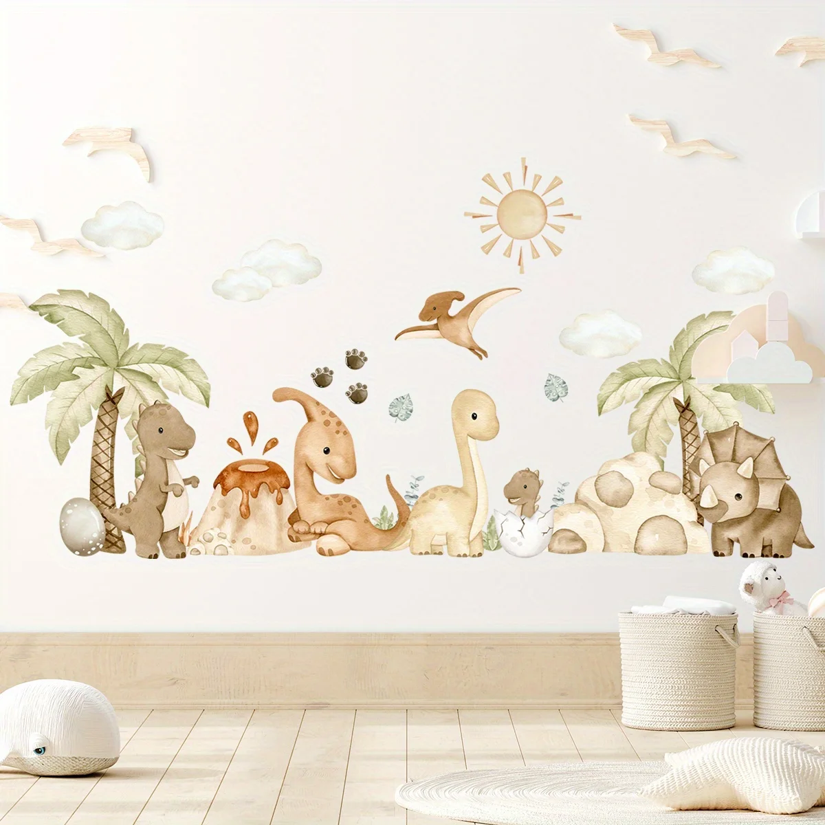 Cartoon Cute Dinosaur Clouds Sun Dinosaur Era Wall Stickers for Bedroom Living Room Nursery Background Decoration Wall Decals