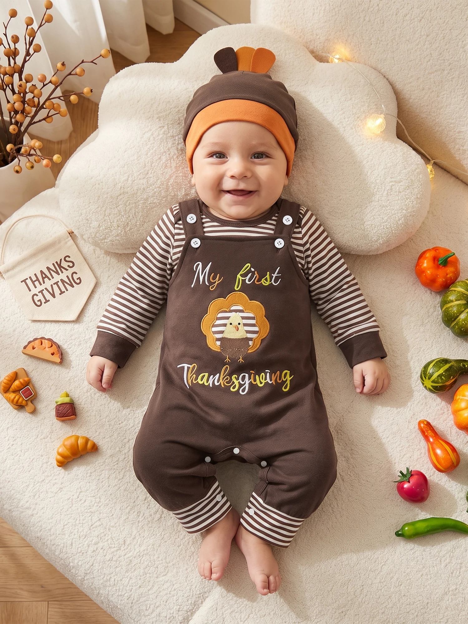 Boy-Thanksgiving-Outfit Long Hat 3 Long-Sleeve-Romper Romper Thanksgiving Outfit Hat 3 Pcs Baby Boy Thanksgiving