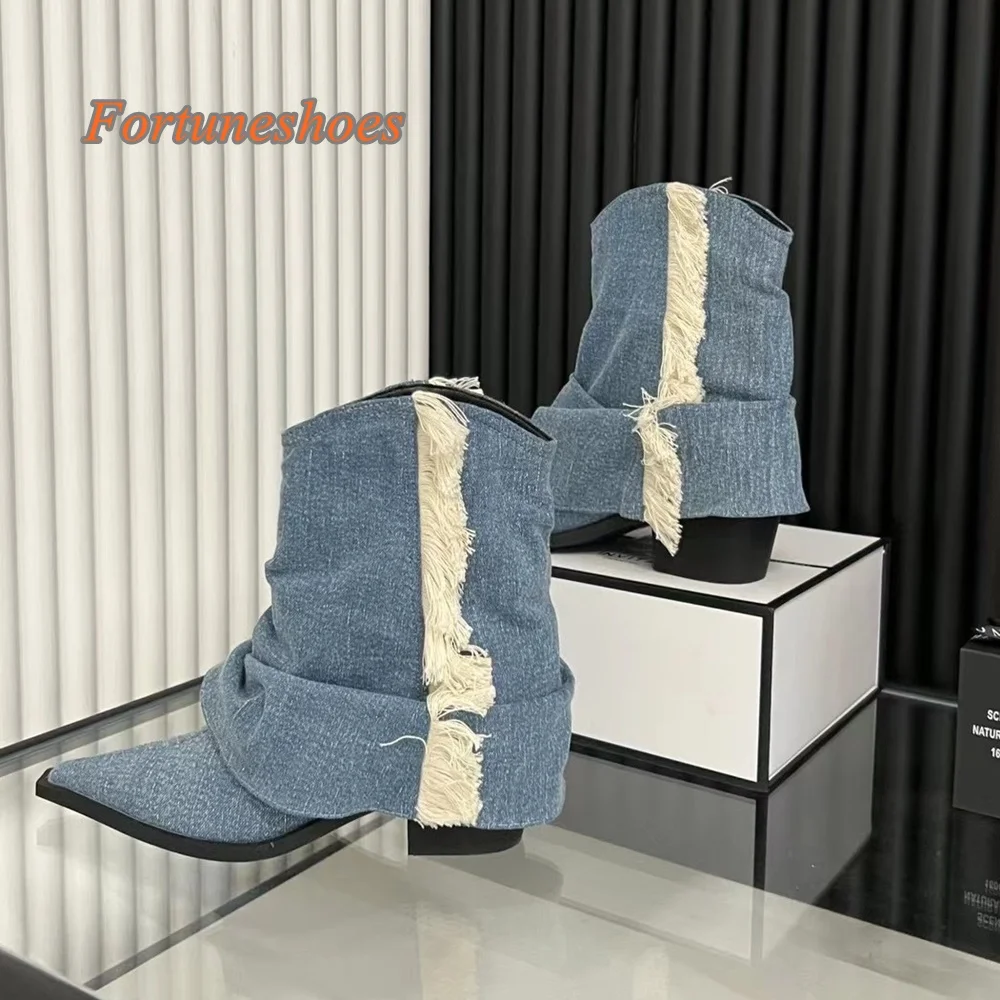 

Denim Fringe Pointed Toe Shoes Slip On Chunky High Heel Women Boots Autumn/spring 2024 Newest Patchwork Casual Mid Calf Pumps