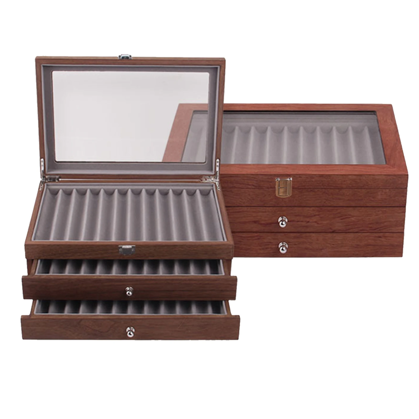 Wood Fountain Pen Collector with 3 Layer Pen Display Box 34 Pen Organizer Box Pens Display Case Storage Organizer With Glass