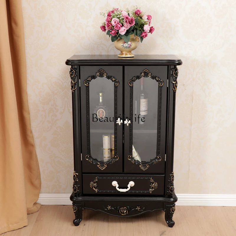 

12New European Style Black Wine Cabinet Gold Drawing Silver Dining Side Locker