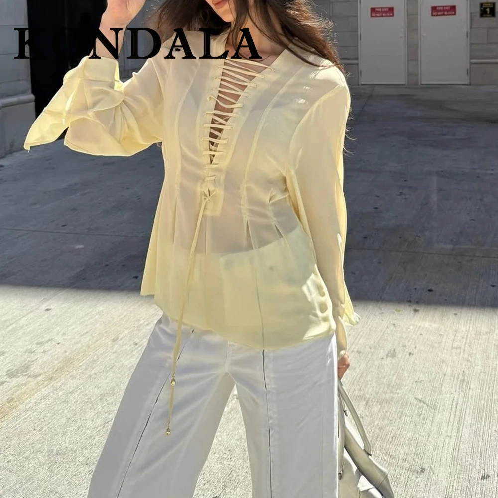 

KONDALA Шикарная Элегантная Желтая Женская Блузка Мода 2025 Лето Выдалбливают Mujer Рубашки С Длинным Рукавом Праздничные Кружевные Женские Топы с V-образным Вырезом