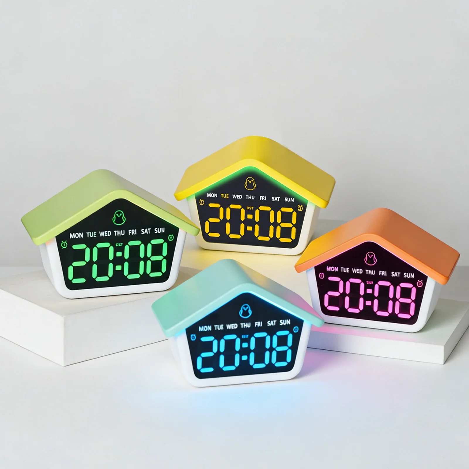 LED Digital Alarm Clock House Shaped Week Date Brightness Adjustment 2 Alarms Silent DST Snooze Table Clock with Ambient Light