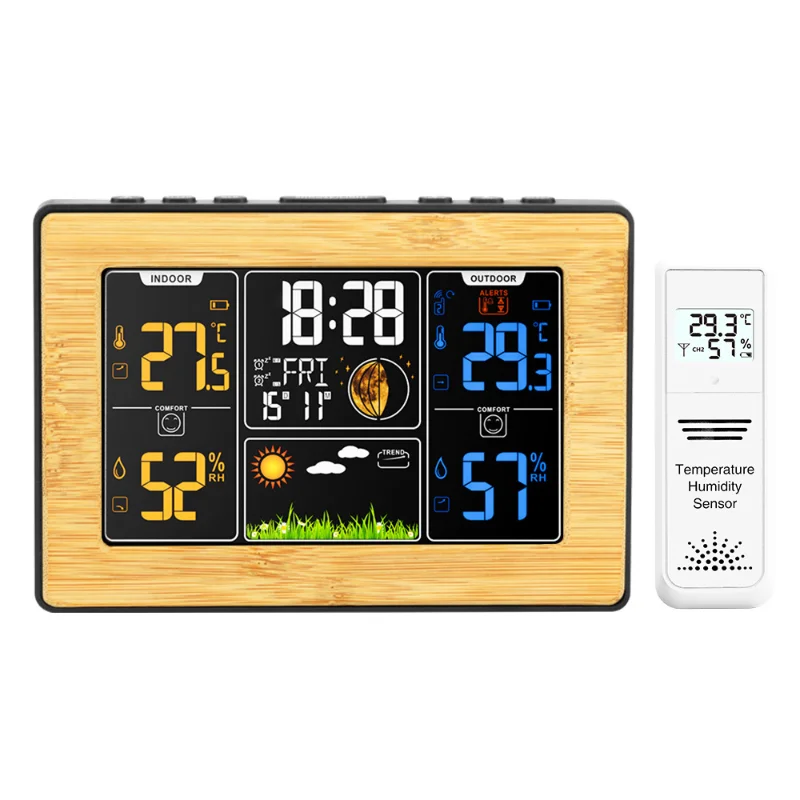 Wireless Digital Display Hygrograph WS201B Color Screen Bamboo Surface Household Weather Station LCD Weather Forecast