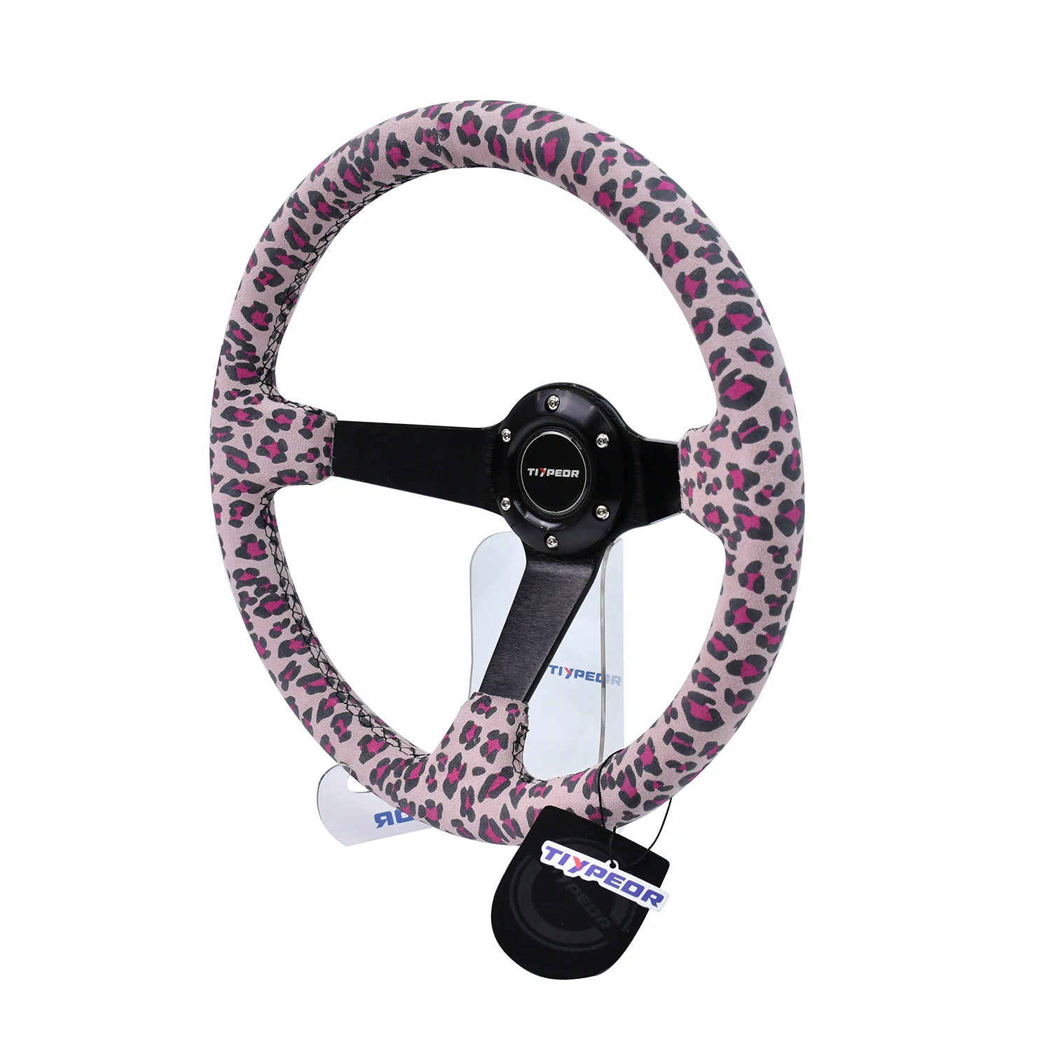 TIYPEOR Customized Pink Leopard Print Suede Sports Modified Car Steering Wheel