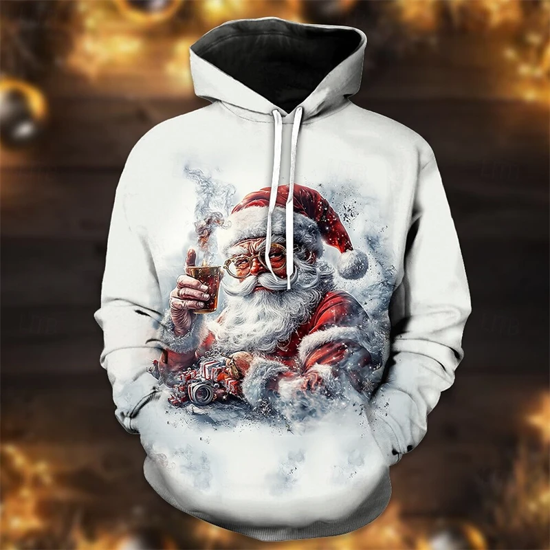 Felpe con cappuccio da uomo di nuova moda modello Babbo Natale primavera autunno manica lunga stampata in 3D felpa oversize di tendenza maschile di Natale