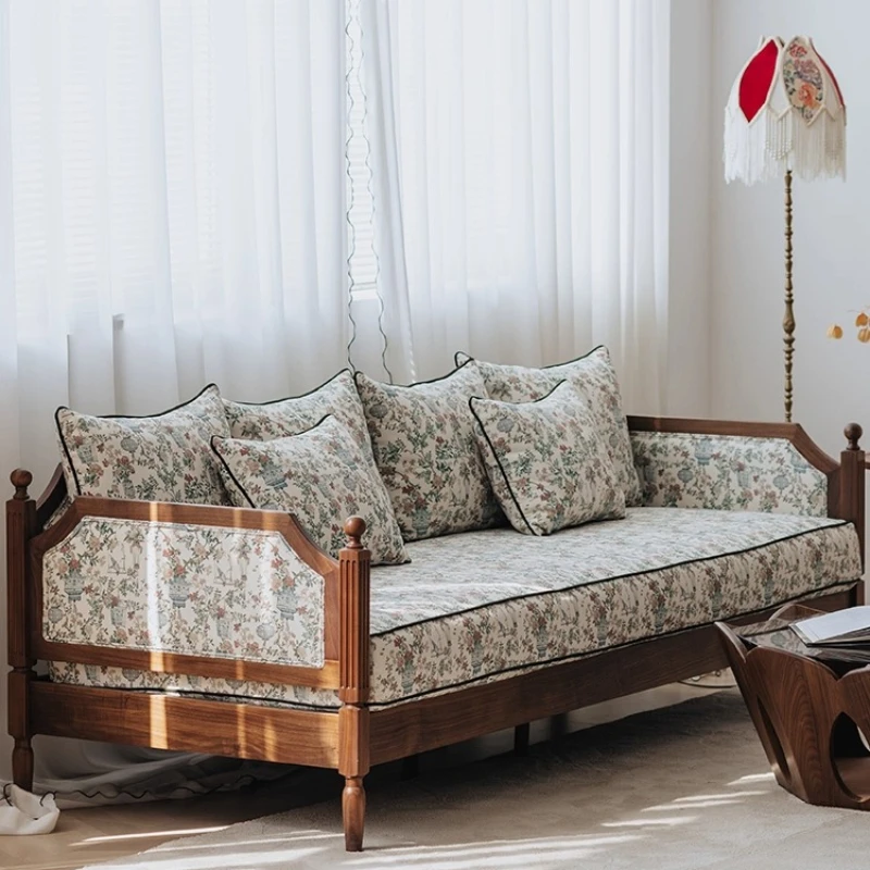 

Flower and bird solid wood sofa retro three-person fabric black walnut small apartment Nordic living room furniture