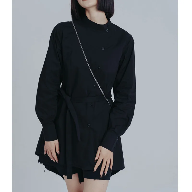 KWTX 에지 스트릿웨어 블랙 셔츠 탑 경량 스탠드 칼라 타이 벨트 사이드 스냅 캐주얼 봄 여름 2025 패션 시크