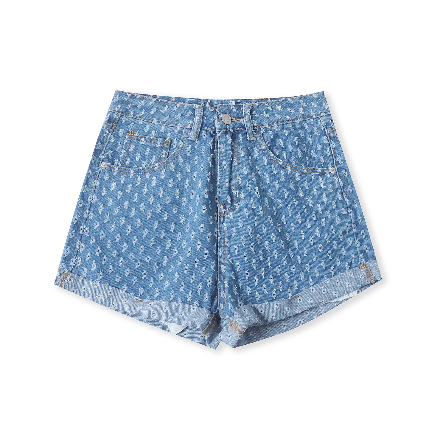 High Waist Slim Fit Denim Shorts Women's Fashionable Versatile Hollow out Flocking Hot Pants Casual Style Spring 2026