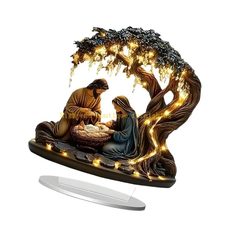 L9NB Faith Gift Nativity Scene Decors with Tree Symbolism LED Lighted Resin Sculpture for Holiday Celebration and Devotional