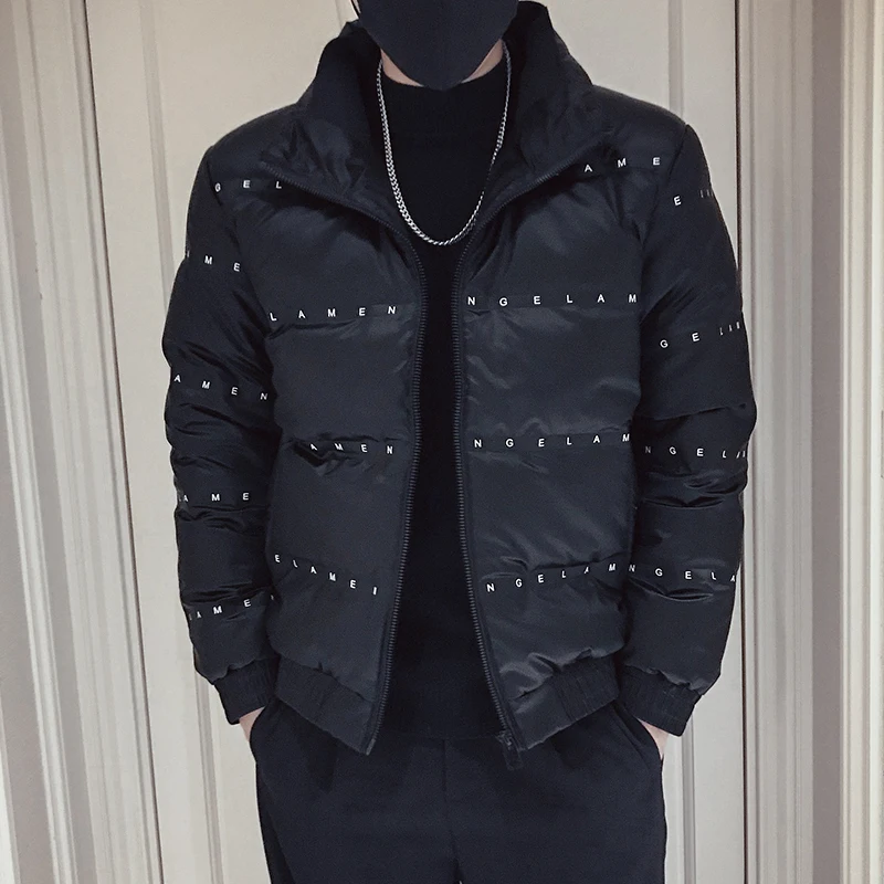 Jaqueta masculina com zíper Puffer Parka, sobretudo, streetwear casual, roupas grandes, grossas, estampa de letras, quente, Hip Hop, inverno, moda