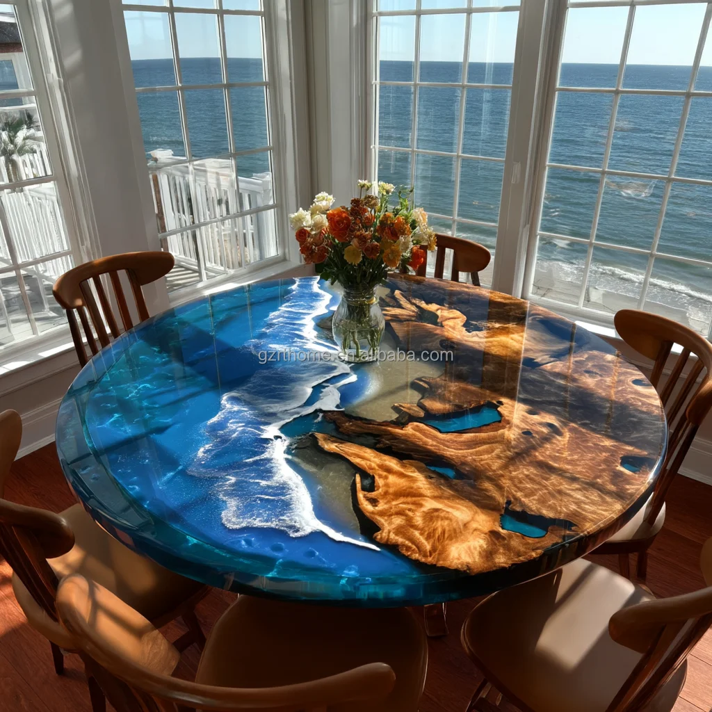 Solid Wood Plank Tabletop Faux River Design Epoxy Coastal Table Dining Table