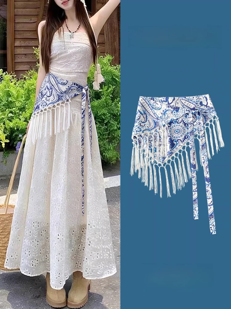 Vintage Boho Paisley Print Tassel Triangular Hip Scarf for Women, Adjustable Tie Waist Scarf Layering Overlay for Dress Jeans