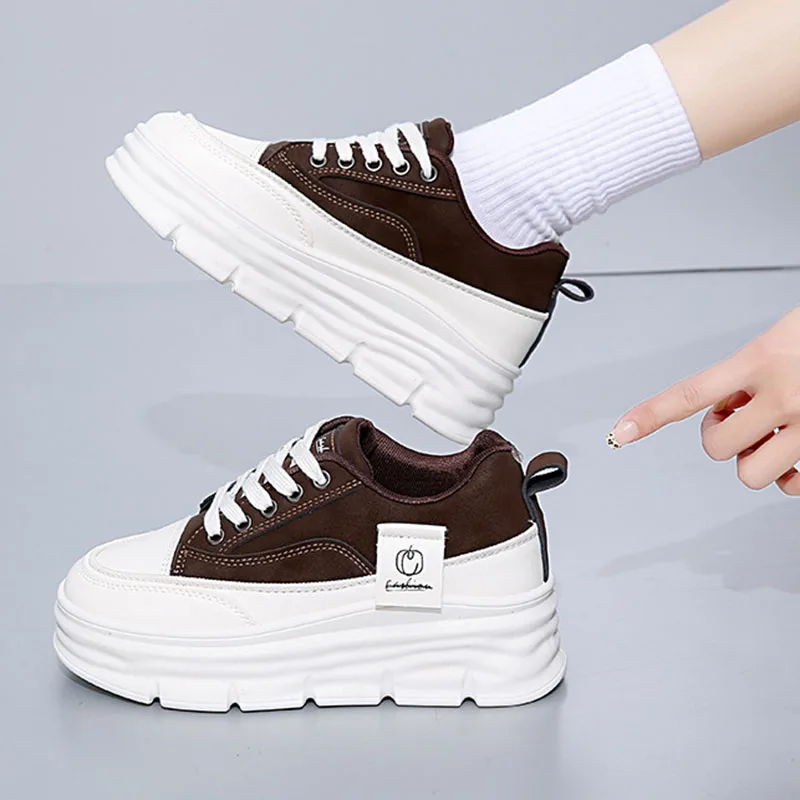 Sneakers basse casual da donna per primavera/autunno, scarpe da passeggio con suola spessa e vulcanizzata, allacciatura spessa e suola morbida._voghion.com