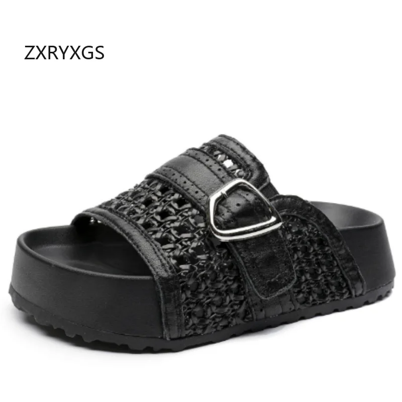 

ZXRYXGS 20025, летние плетеные полые тапочки из овчины с открытым носком, обувь на платформе, увеличивающая рост, женские сандалии, уличные тапочки