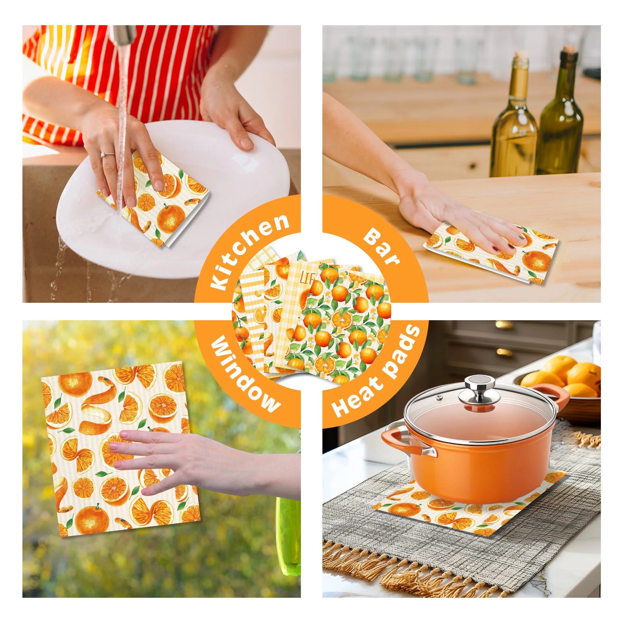 1PC Watercolor Orange Print Reusable Swedish Dishcloths Wood Pulp Cotton Absorbent Kitchen Dish Rag Household Cleaning Wipes