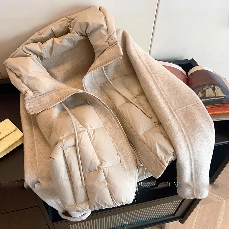 Retalhos com capuz cordão jaqueta feminina inverno 2025 elegante casacos térmicos acolchoados de alta qualidade moda jaqueta de algodão