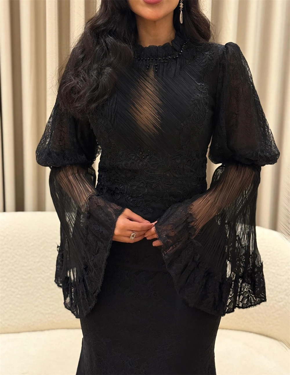 

Классические кружевные вечерние платья русалки по индивидуальному заказу, изысканные платья знаменитостей с высоким воротником и длинными рукавами, платья для особых случаев