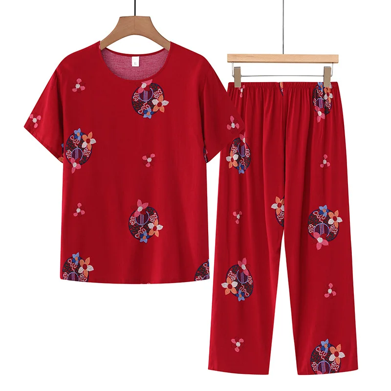 Korean Reviews Many Pajamas Set Summer Women 2 Piece Set Outfit Thin Grandma Pajama Sets Big Size Pijama Printing Home Wear