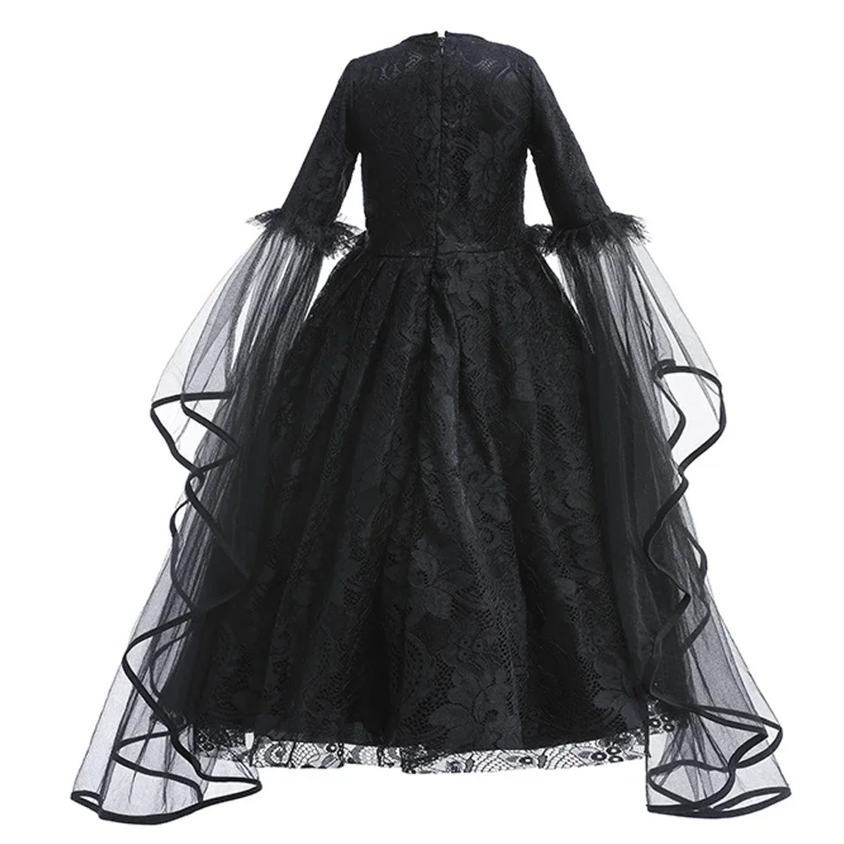Girls Black Gothic Lace Long Dress Kids Long Sleeve Witch Vampire Costume for Halloween Cosplay Theme Party image 4