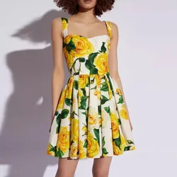 Yellow Rose Floral Printed Women Dress Bodycon Holiday Party Sleeveless Elegance Vestidos Runway Design Vintage Clothing