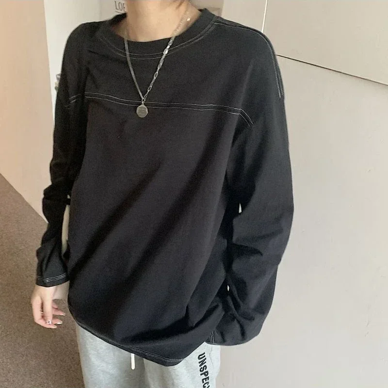 長袖 Tシャツ レディース ルーズ 春 原宿 ミニマリスト カジュアル 学生 ソフト デイリー オールマッチ 人気 ヴィンテージ ファッション イン 新作