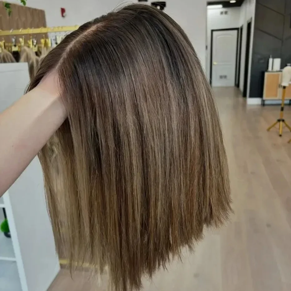 

Short Straight Highlight Bob Wig Preplucked Hairline Straight Brown Blonde Synthetic Lace Front Wig Glueless 150% Density Hair