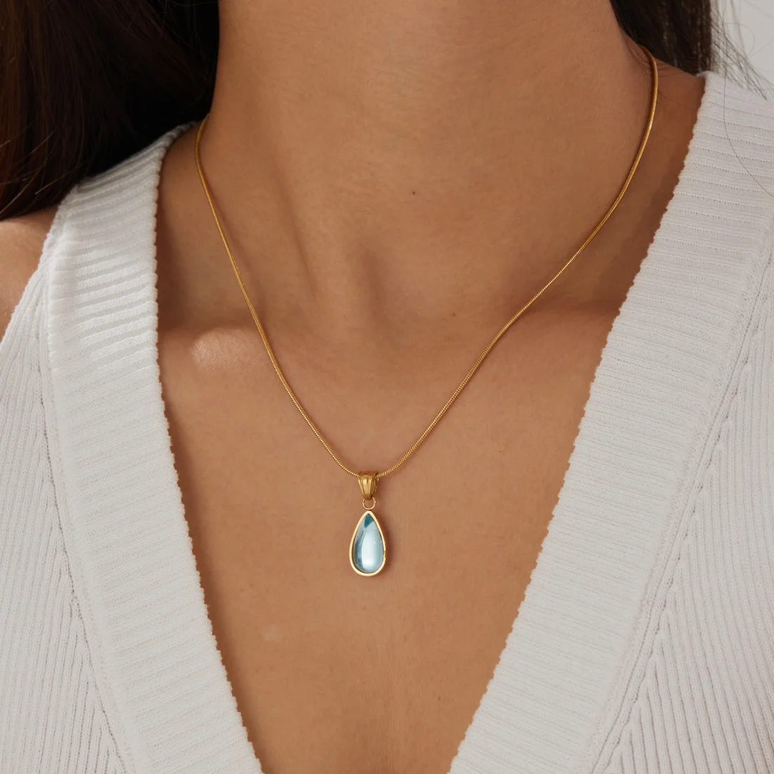 XIYANIKE Light Blue Resin Inlay Water Droplet Shaped Pendant Necklace Lady 316L Stainless Steel Minimalist Trendy Jewelry Gifts