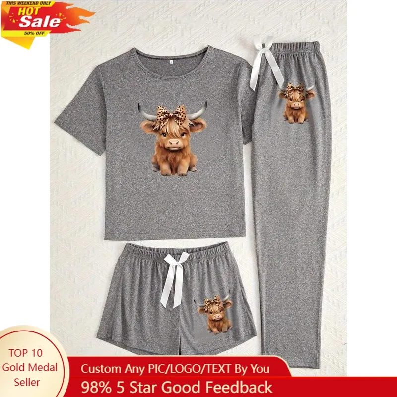 Cartoon Highland Cow Print Women's Pajama Sets, Casual All Seasons Nightwear, Fitted Knitted Fabric Sleepwear