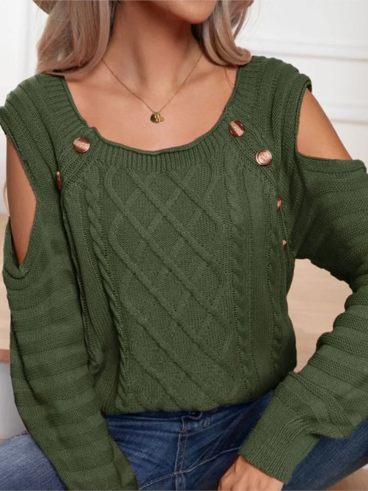 

Autumn Winter Women's Fashion Button Square Neck Off Shoulder Long Sleeve Twisted Fried Dough Twists Knitting Pullover Sweater