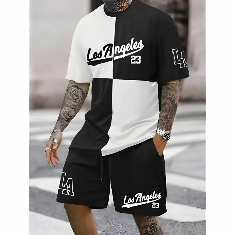 2025 Men's 3D Printed Short Sleeved Shorts Set, Fashionable Daily Casual Trend Round Neck Polyester Fiber Two-piece Set