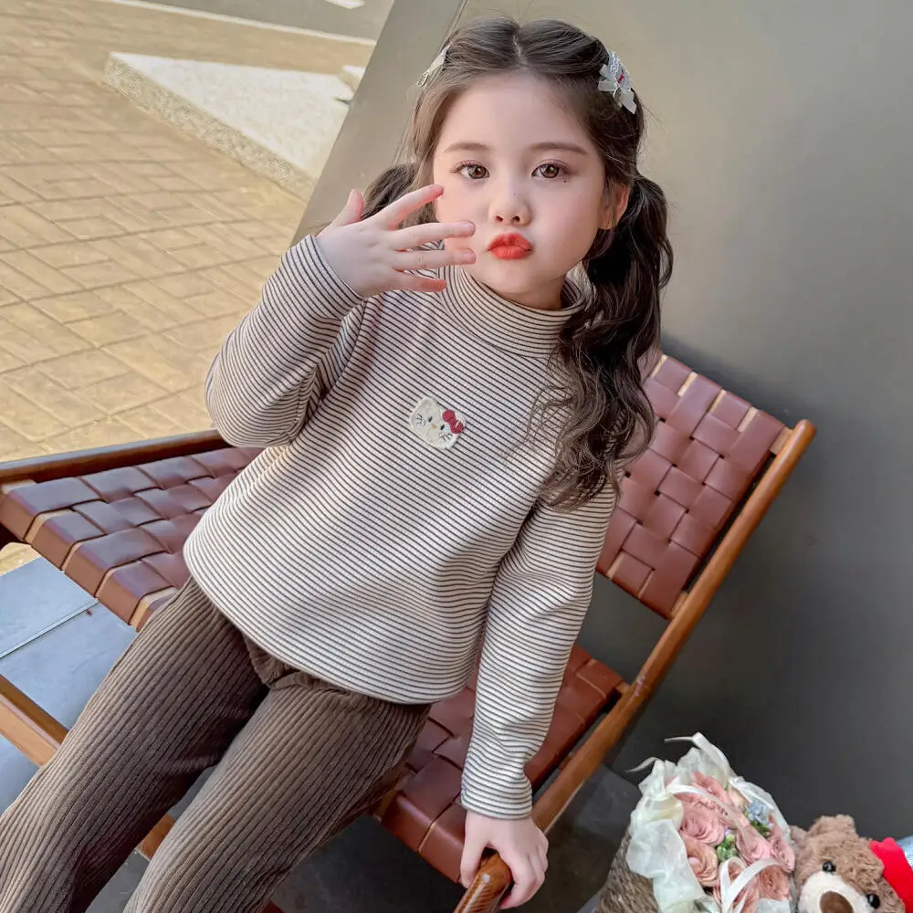 Толстовка Sanrio Hello Kitty для девочек, осенне-зимняя детская футболка с героями мультфильмов, повседневная бархатная нижняя рубашка с длинными рукавами, одежда