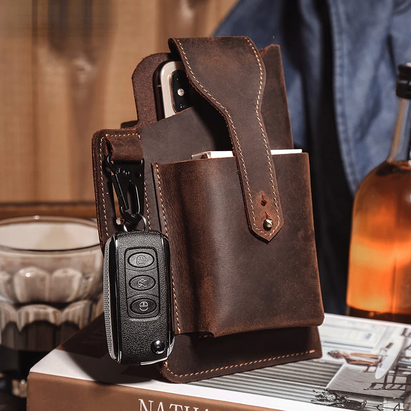 Men's Retro Wild Horse Leather Phone Bag Belt for Men High-end Leather Outdoor Sports Tactical Belt Bag