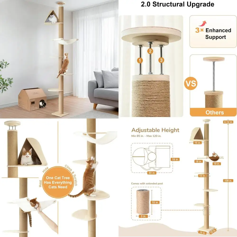 

Adjustable Height 6-Level Cat Climbing Tower with Thickened Scratching Posts, 6-10 Feet Range