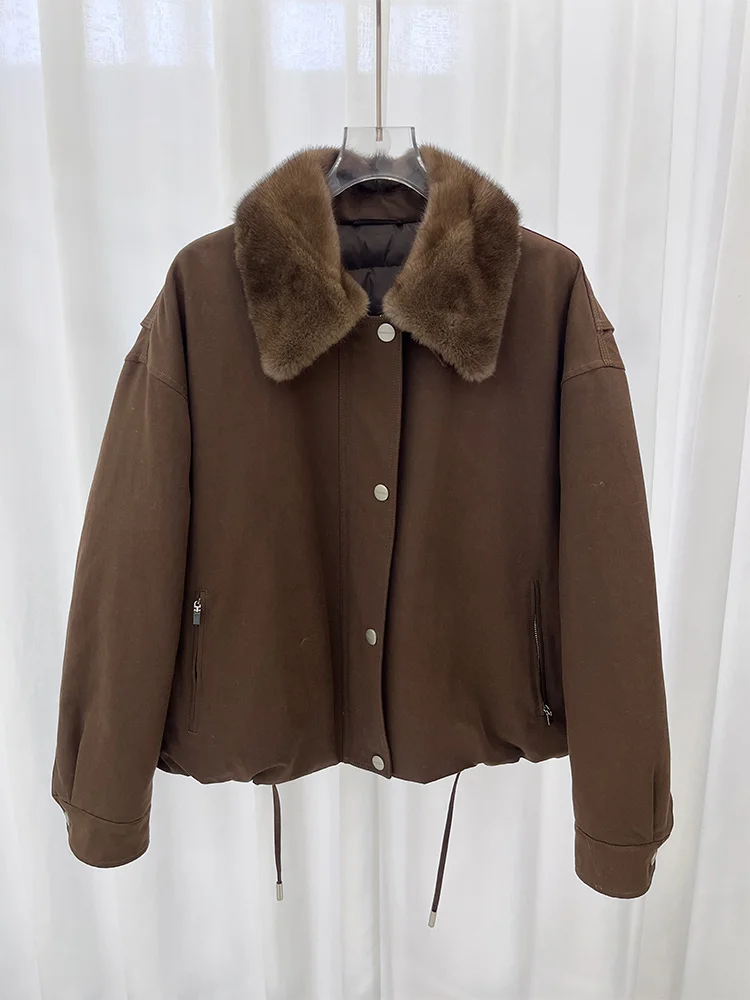 Mode femmes hiver chaud doudoune d'oie réel col de fourrure de vison vestes courtes décontracté femme vestes bouffantes offre spéciale