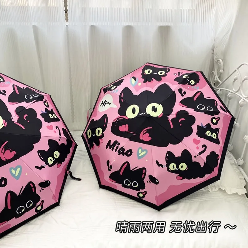 Fully Automatic Cat Cute Umbrella, Rain and Shine Dual-purpose Black Rubber Portable Sun Umbrella, Sun Protection, UV Protection