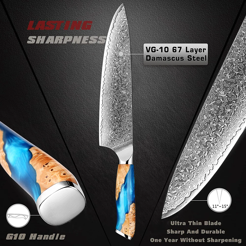 Damascus Chef Knife 8 Inch Forged 67-Layers High Carbon Damascus Steel Knife Ultra-Sharp Pro Kitchen Knives Ergonomic Handle