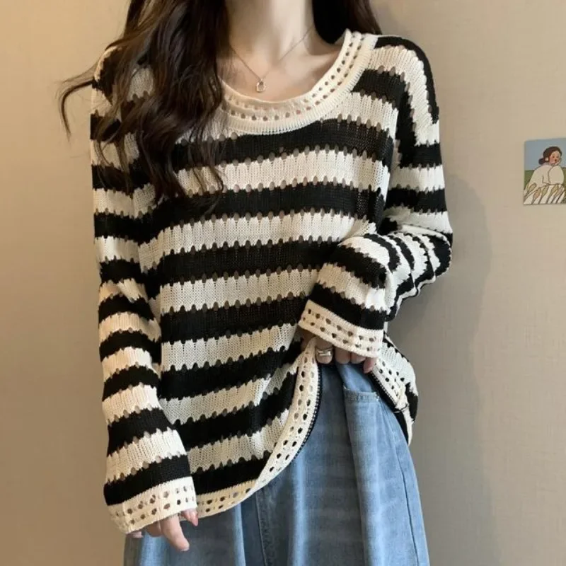 DAYIFUN-Hollow Out Design,Knitted Pullovers Women's,Large Size,Round Neck,Stripe Versatile Sweaters,Chic Autumn Loose Jumpers