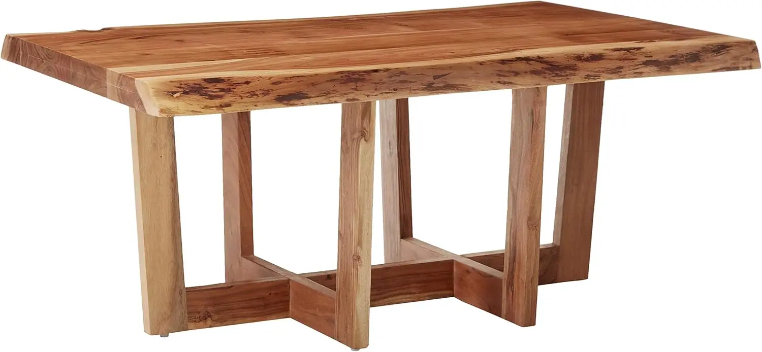 Edge Solid Wood Coffee Table, Natural Acacia, 42 Inch, Handcrafted Minimalist Design with Floor Protectors