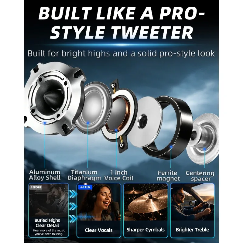 2pcs 3.75 Inch Car Speaker Titanium Bullet Tweeter 600W Titanium Diaphragm Audio Music Home RV High Frequency Driver Speaker