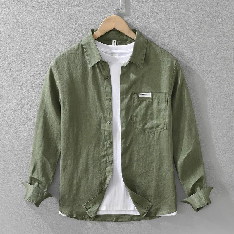100% Linen White Shirt for Men Spring Summer Fashion Solid Color Long Sleeve Simple Basic Business Casual Lapel Blouse Tops