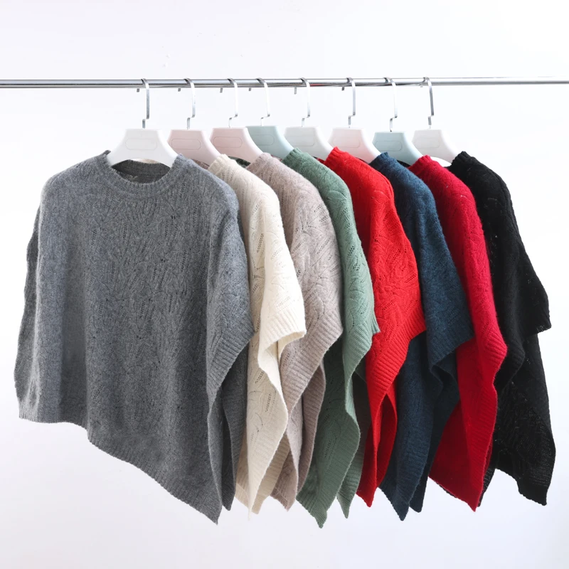 Autumn Winter 100% Wool Loose Round Neck Pullover Shawl for Women New Thickened Warm Knitted Hollow Cape Outerwear