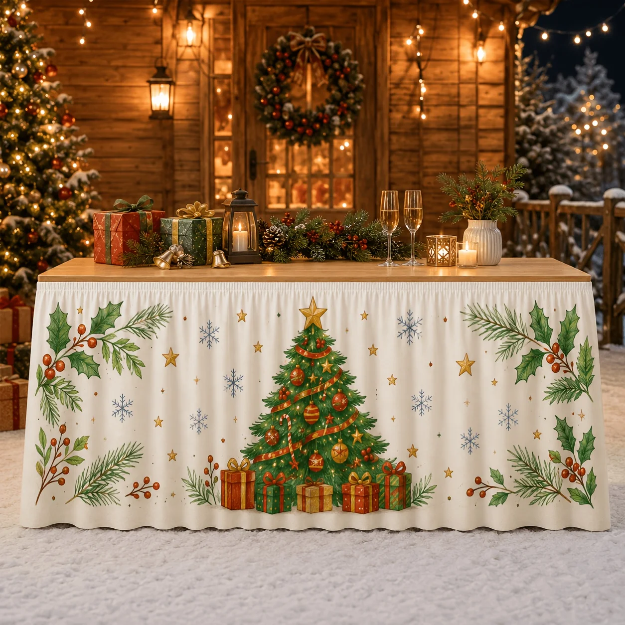 1piece tablecloth table skirt retro crayon Christmas table skirt central decoration, Christmas tree gift box daisy cartoon print