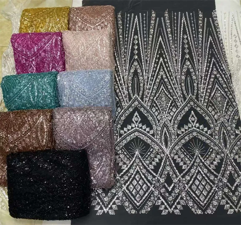 African Handmade Heavy Beads Tulle Lace Fabric French Sequins Lace Fabric for Bridal Wedding Dress Sew NXW-825